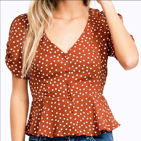 Rust Polka Dot Deep V Neck Button Peplum Shirt Top - Picture 2 of 2